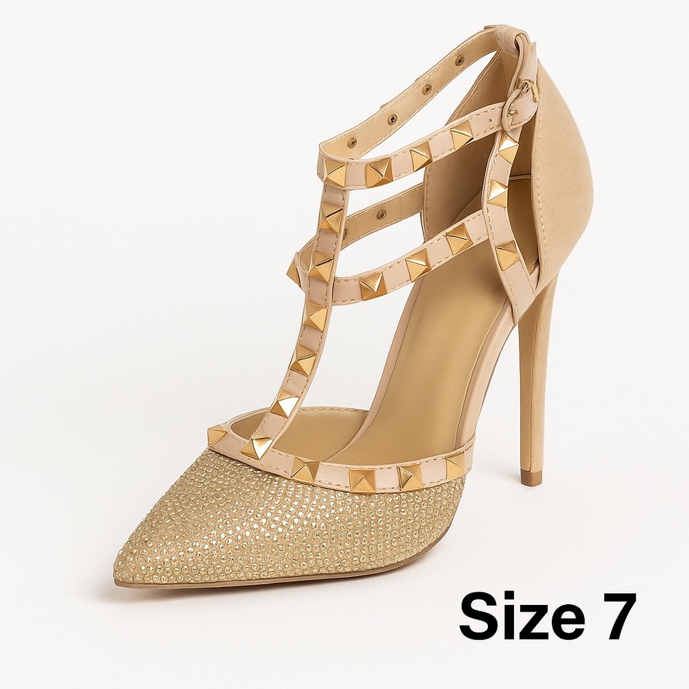 Wild Diva Lounge Studded Nude Heels Glitter Toe Size 7